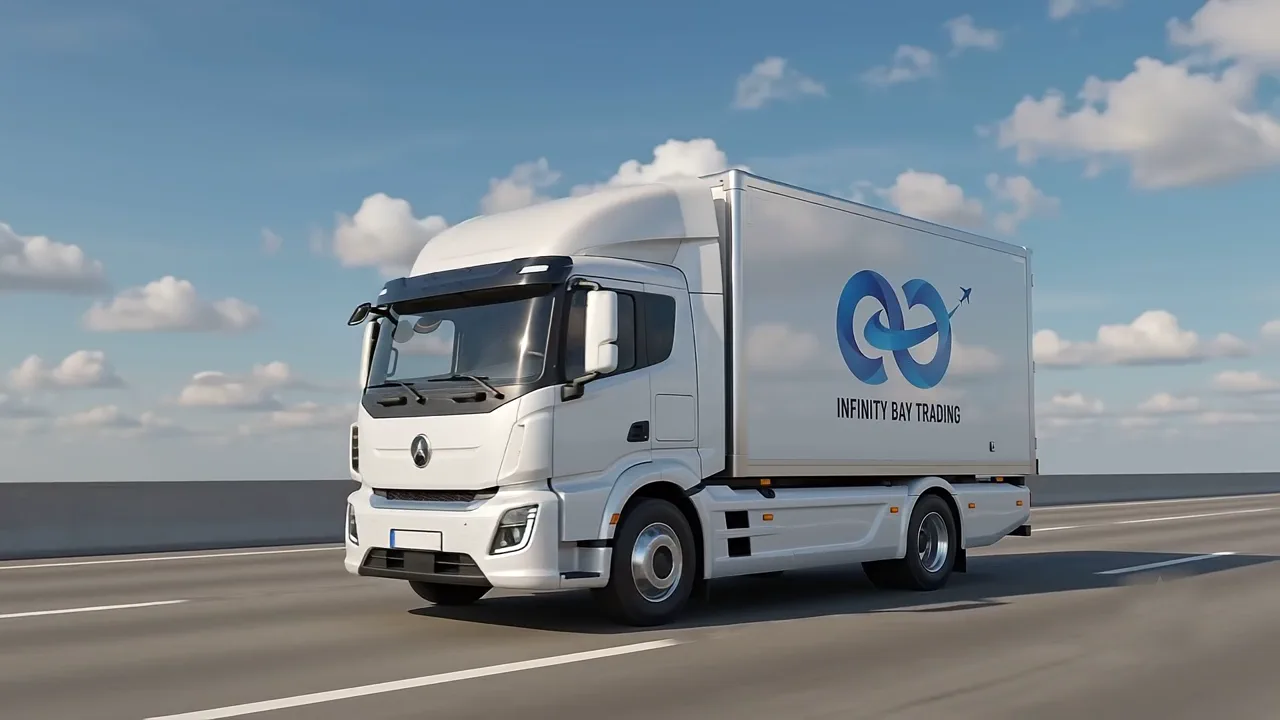 An Infinity Bay Trading delivery truck on a Dubai highway